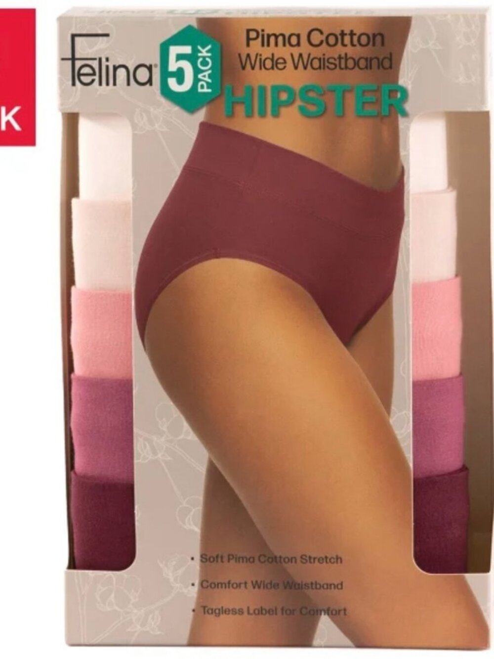Felina, 5 pack Women's Hipster | Red Color Pack Size L
